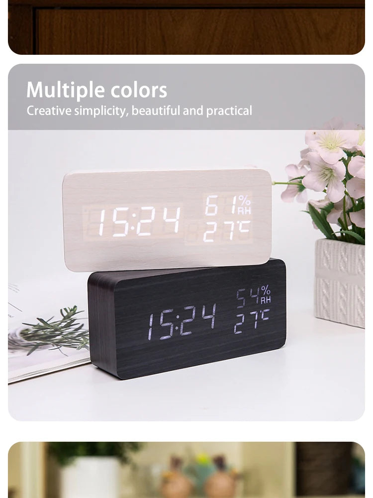 Digital LED Wooden Alarm Clock, Desk Clock, Voice Activated, Electronic Desktop Clock, Luminous Silent Alarm Clock