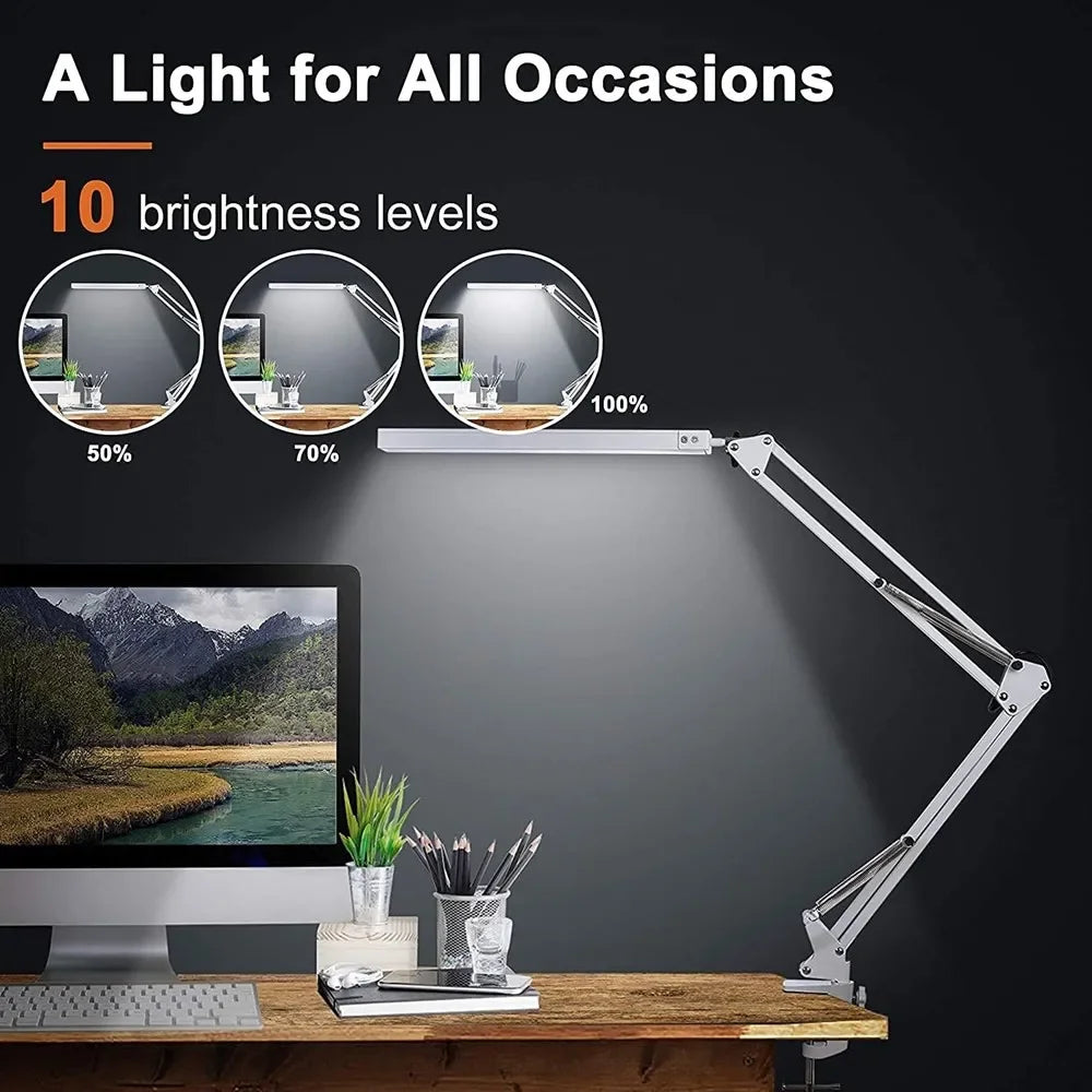 LED Desk Lamp 14W Eye-Caring Metal Swing Arm Desk Light with Clamp 3 Color Dimmable Table Light for Reading and Study Task Lamp
