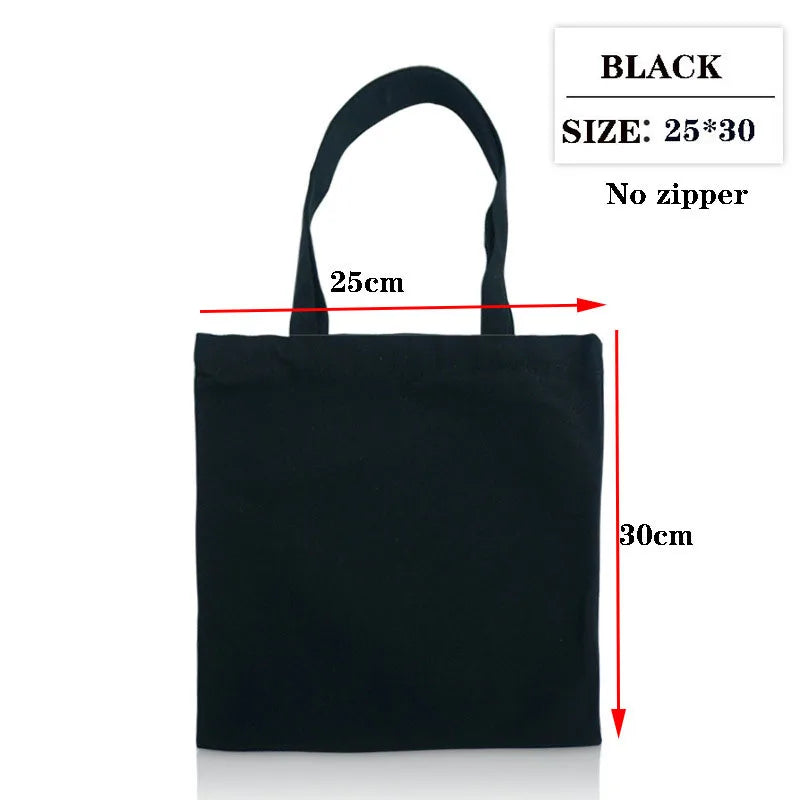 Foldable Canvas Cotton Grocery Handbag Portable Fabric Tote Bag Cloth Organizer Shopping Bag with Storage Features Black Color