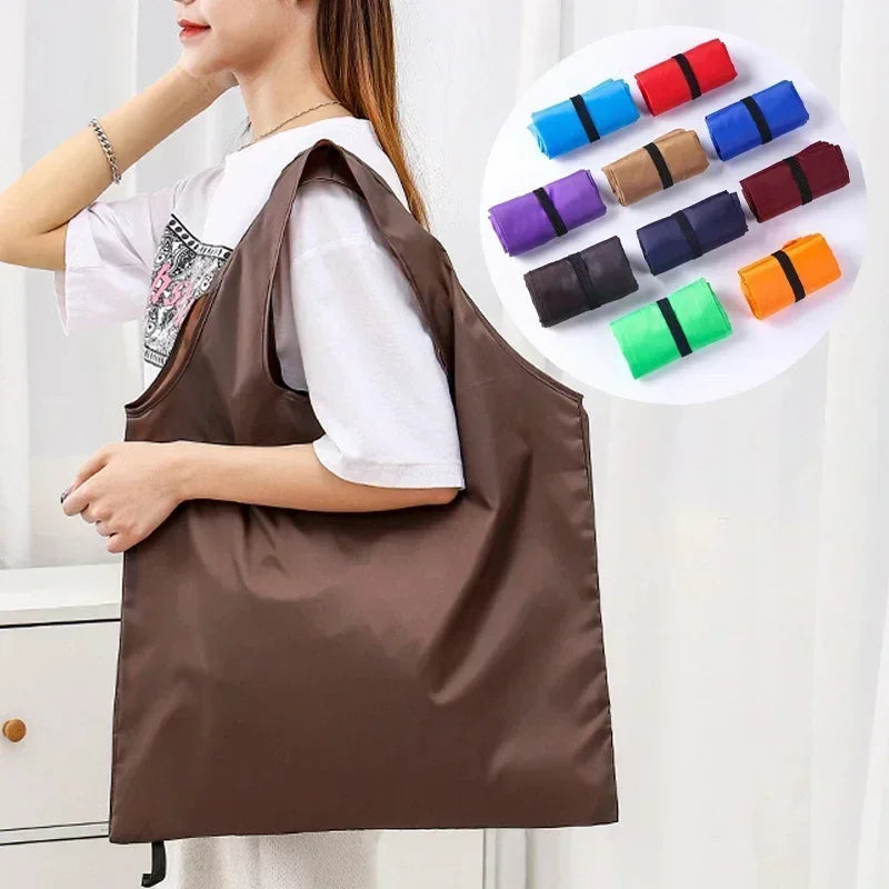 Foldable Shopping Bag Reusable Travel Grocery Bag Eco-Friendly One Shoulder Handbag for Travel Solid Color Supermarket Tote Bag