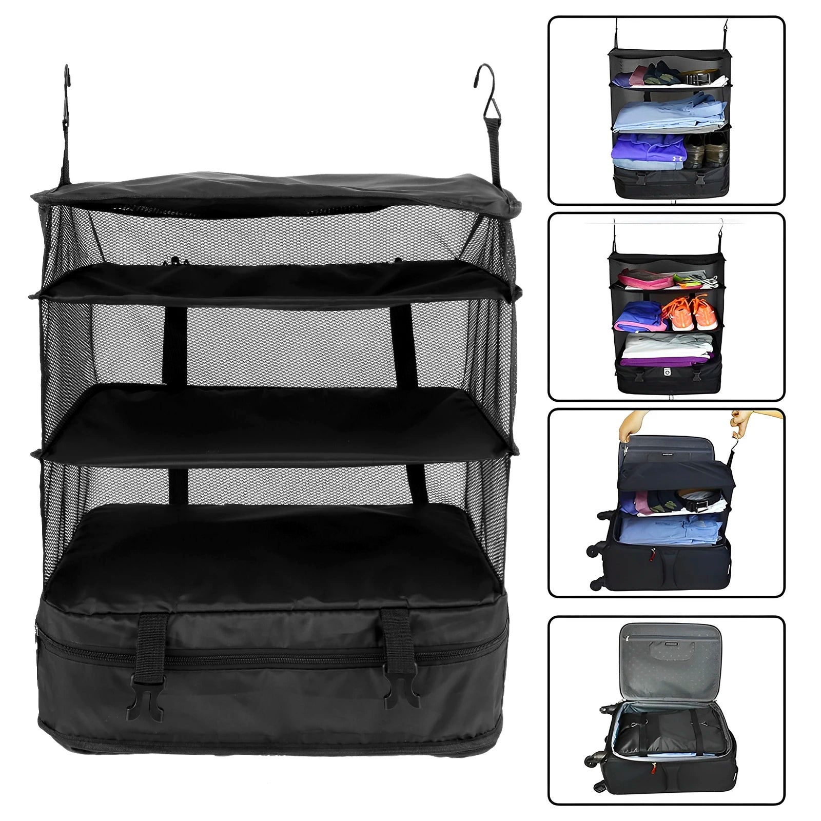 Travel Luggage Organizer Portable Travel Shelves Bag 3-Shelf Suitcase Packing Cube Collapsible Hanging Closet Storage Bag Space