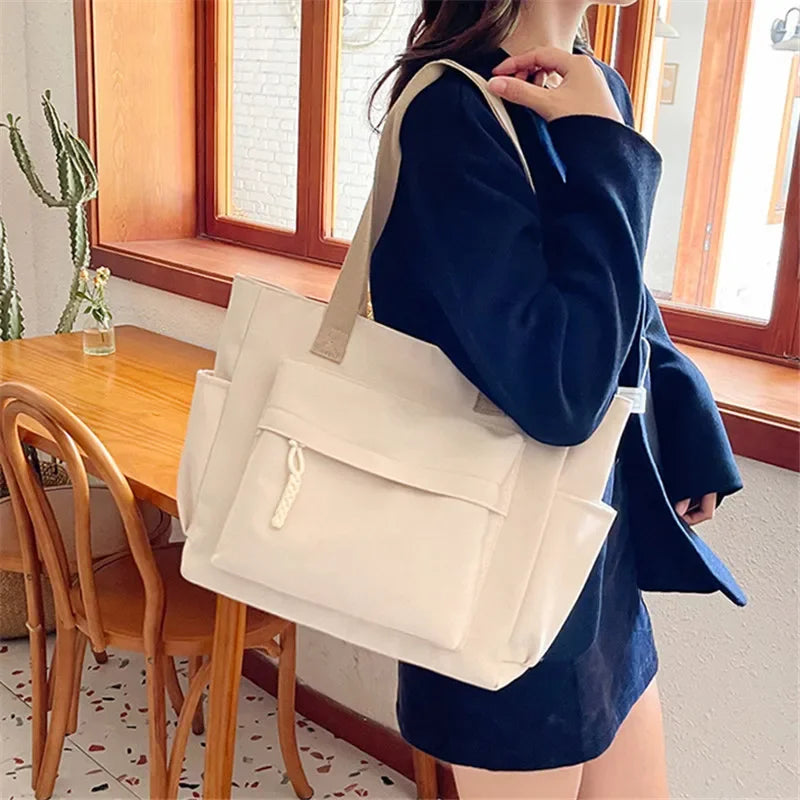 Nylon Tote Bag with Multiple Pocket Lightweight Foldable Design for Office Commute Shopping Fitness Storage Handbag Shoulder Bag