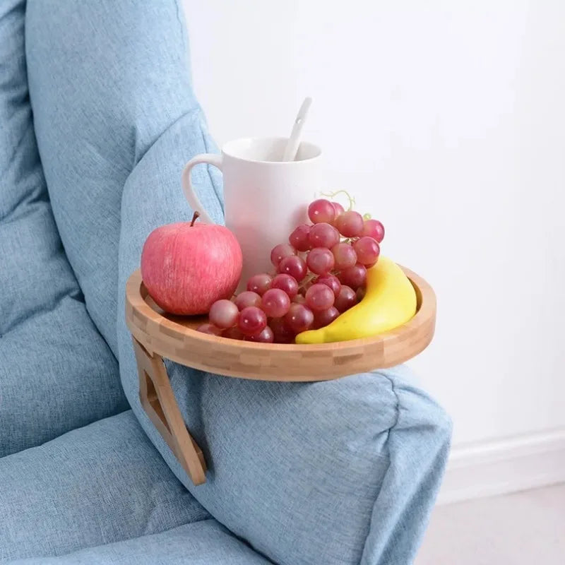 Wooden Sofa Armrest Tray Circular Clip on Breakfast Tray Home Use Foldable Sofa Side Table Snack Tray Integrated Storage Tray