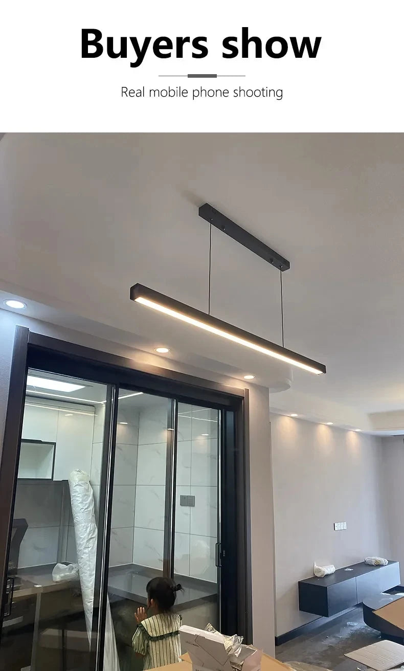 Nordic Minimalist Dining Table Pendant Lamp Modern Kitchen Bar Chandelier Black White Office Long Strip Hanging Light Fixture