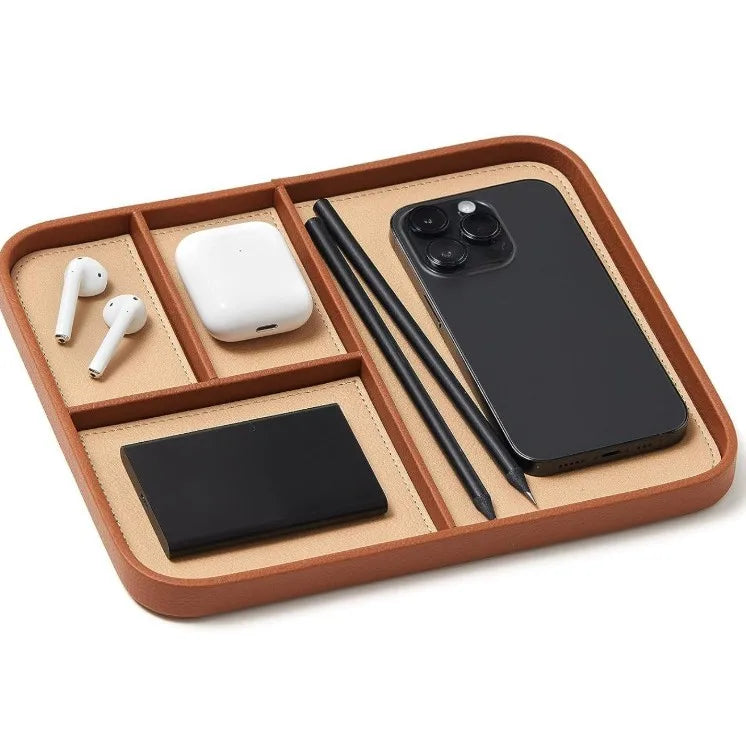 Leather Bedside Table Storage Tray - European Minimalist Desktop Tray for Phones, Watches & Miscellaneous Items
