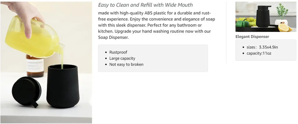 Matte Black Liquid Hand Soap Dispenser Plastic 11oz - Modern Minimalist Style for Bathroom & Kitchen Countertop Refillable