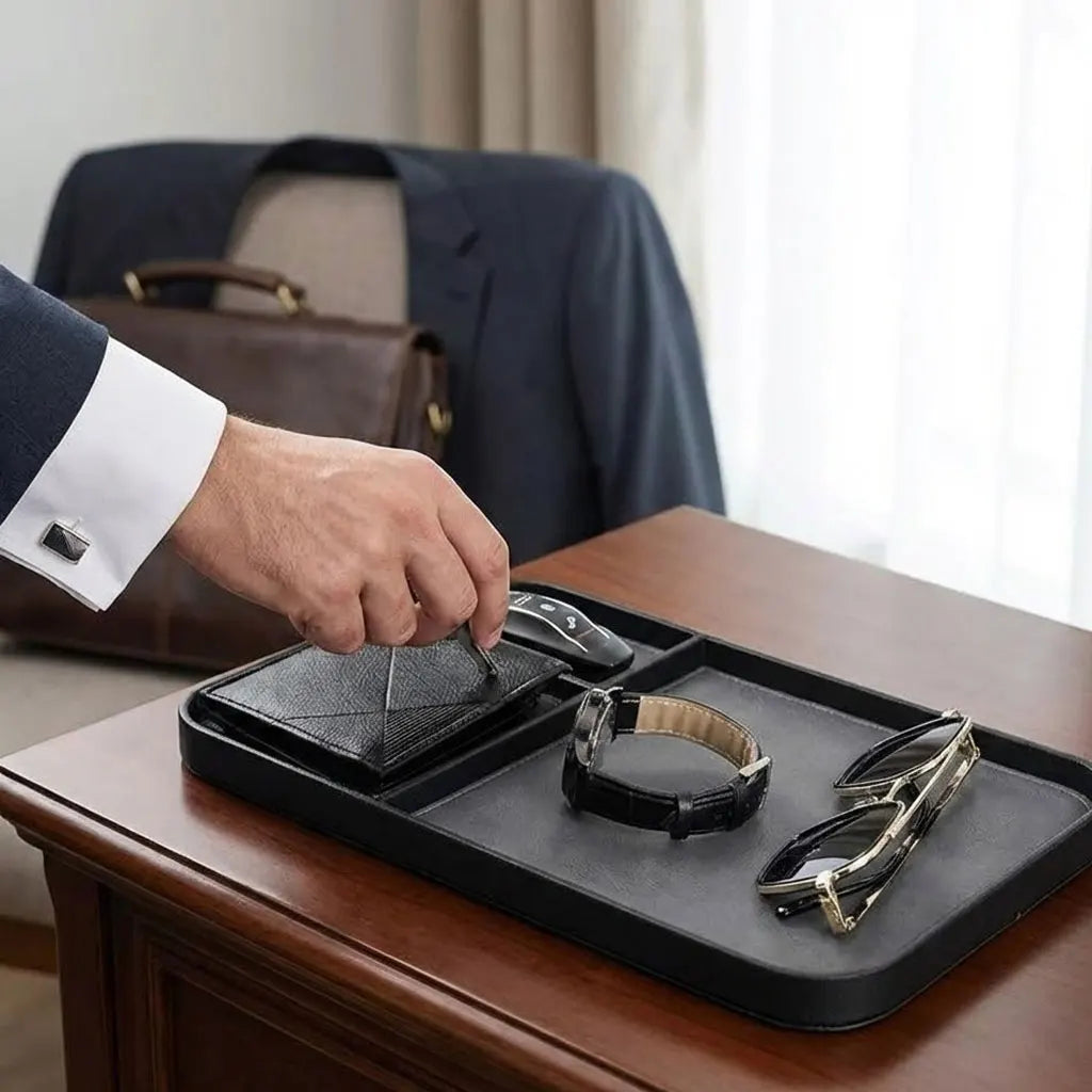 Leather Bedside Table Storage Tray - European Minimalist Desktop Tray for Phones, Watches & Miscellaneous Items