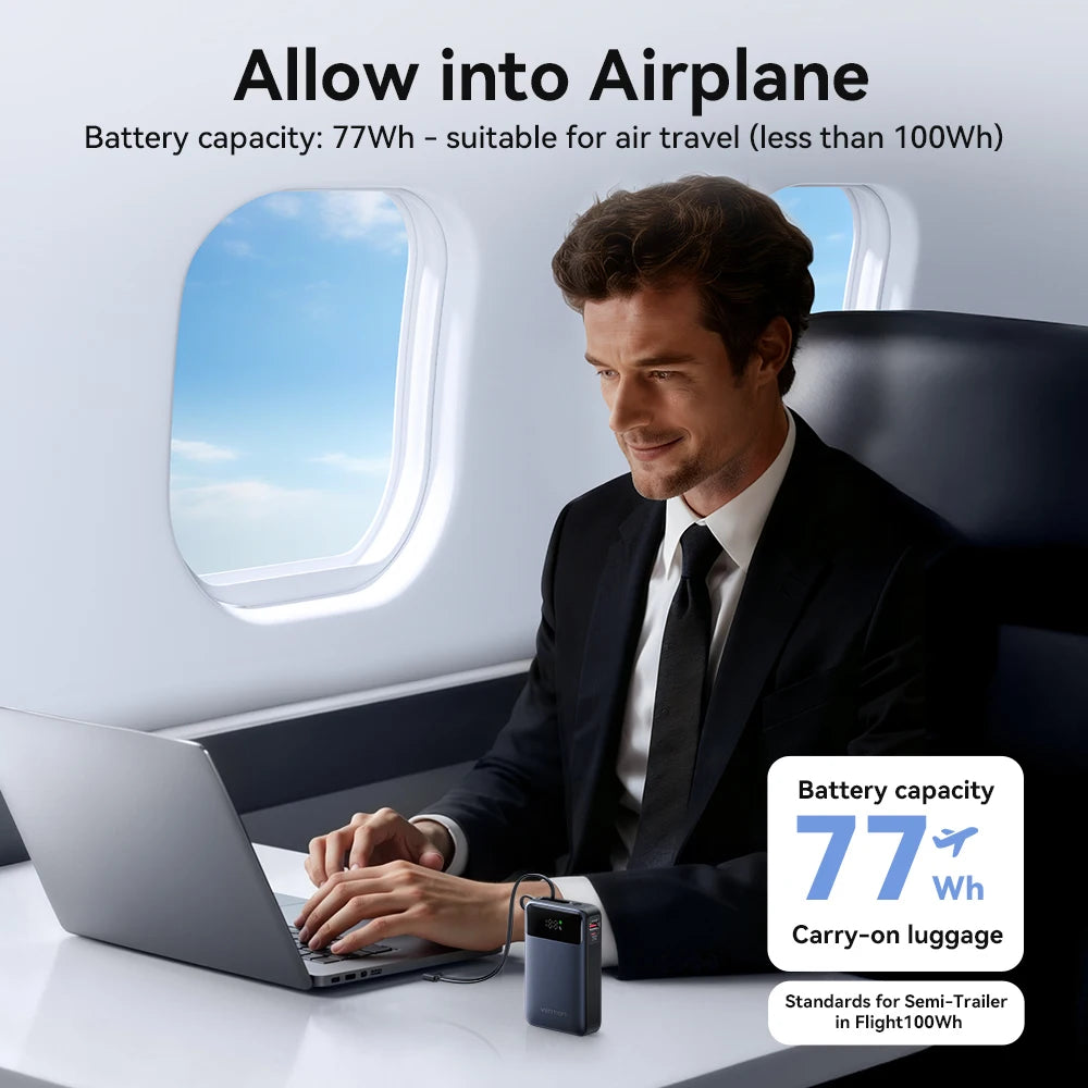 Vention 65W Portable Power Bank 20000mAh PD Fast Charging with Built-in USB Type-C Cable for Laptops iPhone 16 15 14 13 Pro Max