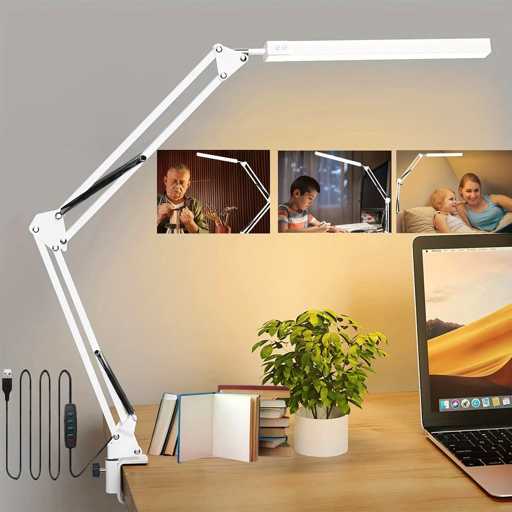 LED Desk Lamp 14W Eye-Caring Metal Swing Arm Desk Light with Clamp 3 Color Dimmable Table Light for Reading and Study Task Lamp