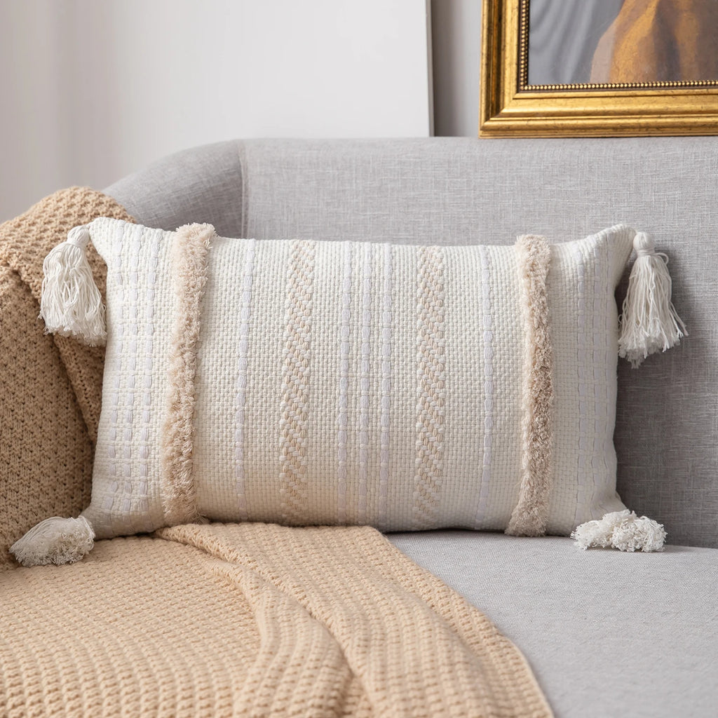 Battilo Boho Throw Pillow Cover Tufted Pillow Case with Tassels Neutral Woven Cushion Cover for Sofa Bed Living Room Home Decor