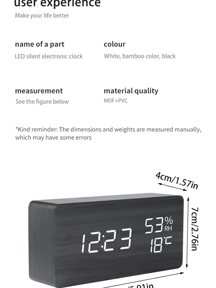 Digital LED Wooden Alarm Clock, Desk Clock, Voice Activated, Electronic Desktop Clock, Luminous Silent Alarm Clock