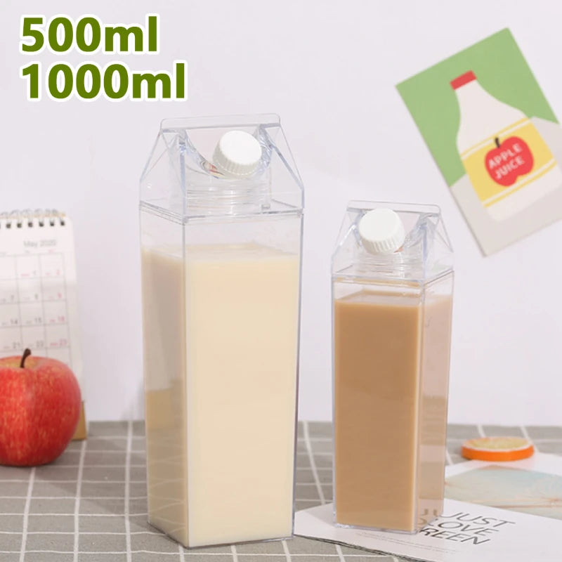 Transparent Water Gym Bottle Plastic New Reusable Clear Milk Carton Box  Juice Sport Leakproof Cup  Drinking Outdoor Camping