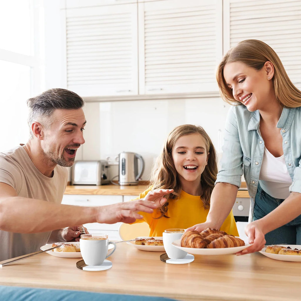 Stylish Wooden and Marble Coaster Set, Elegant Design for Coffee Tables, Durable, Perfect for Protecting Your Furniture