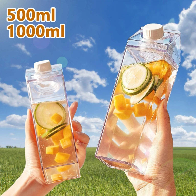 Transparent Water Gym Bottle Plastic New Reusable Clear Milk Carton Box  Juice Sport Leakproof Cup  Drinking Outdoor Camping