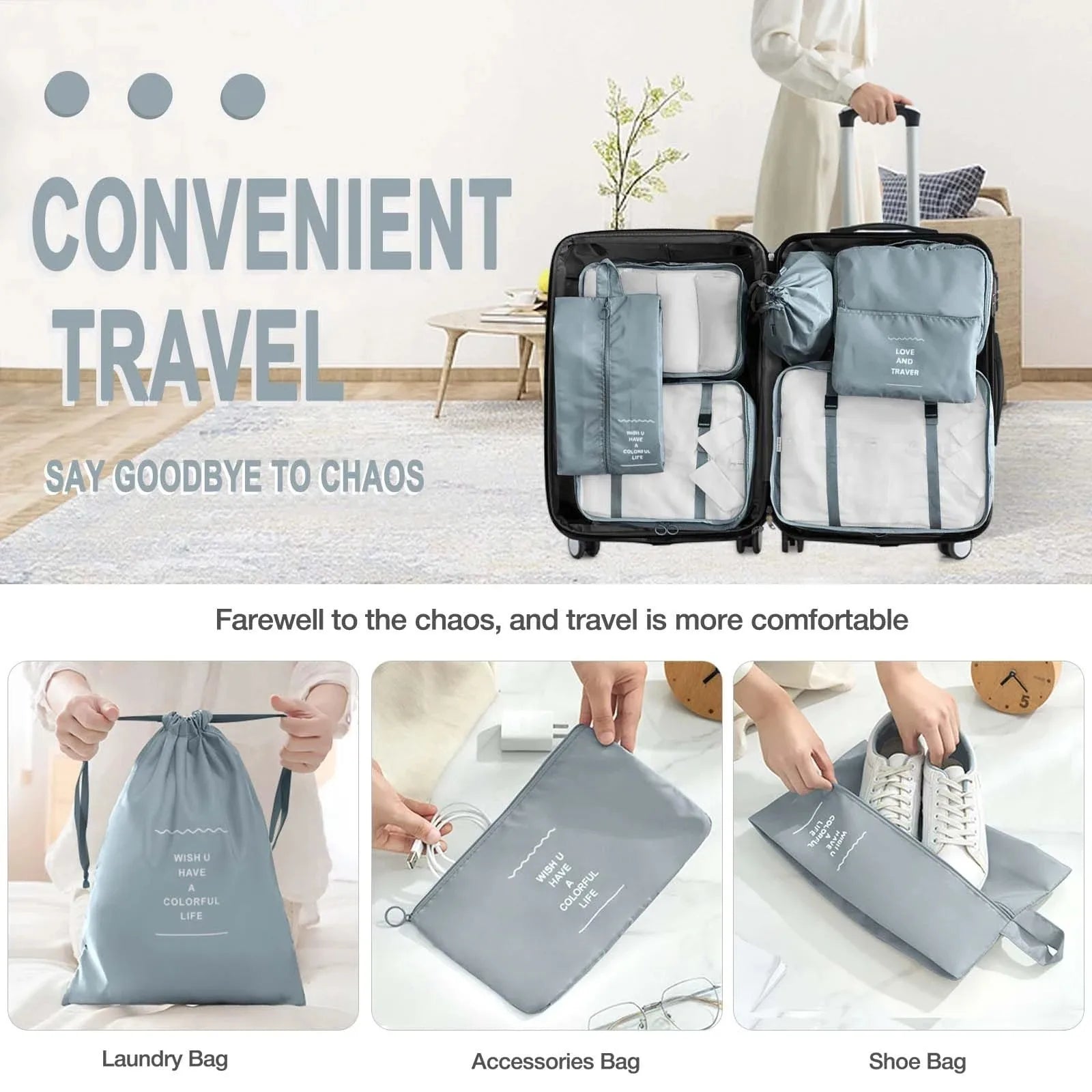 7Pcs Travel Organizer Set Folding Storage Bags Wardrobe Cube Suitcase Packing Luggage for Clothes & Shoes