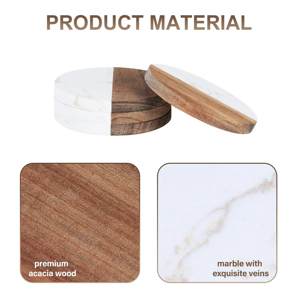 Stylish Wooden and Marble Coaster Set, Elegant Design for Coffee Tables, Durable, Perfect for Protecting Your Furniture