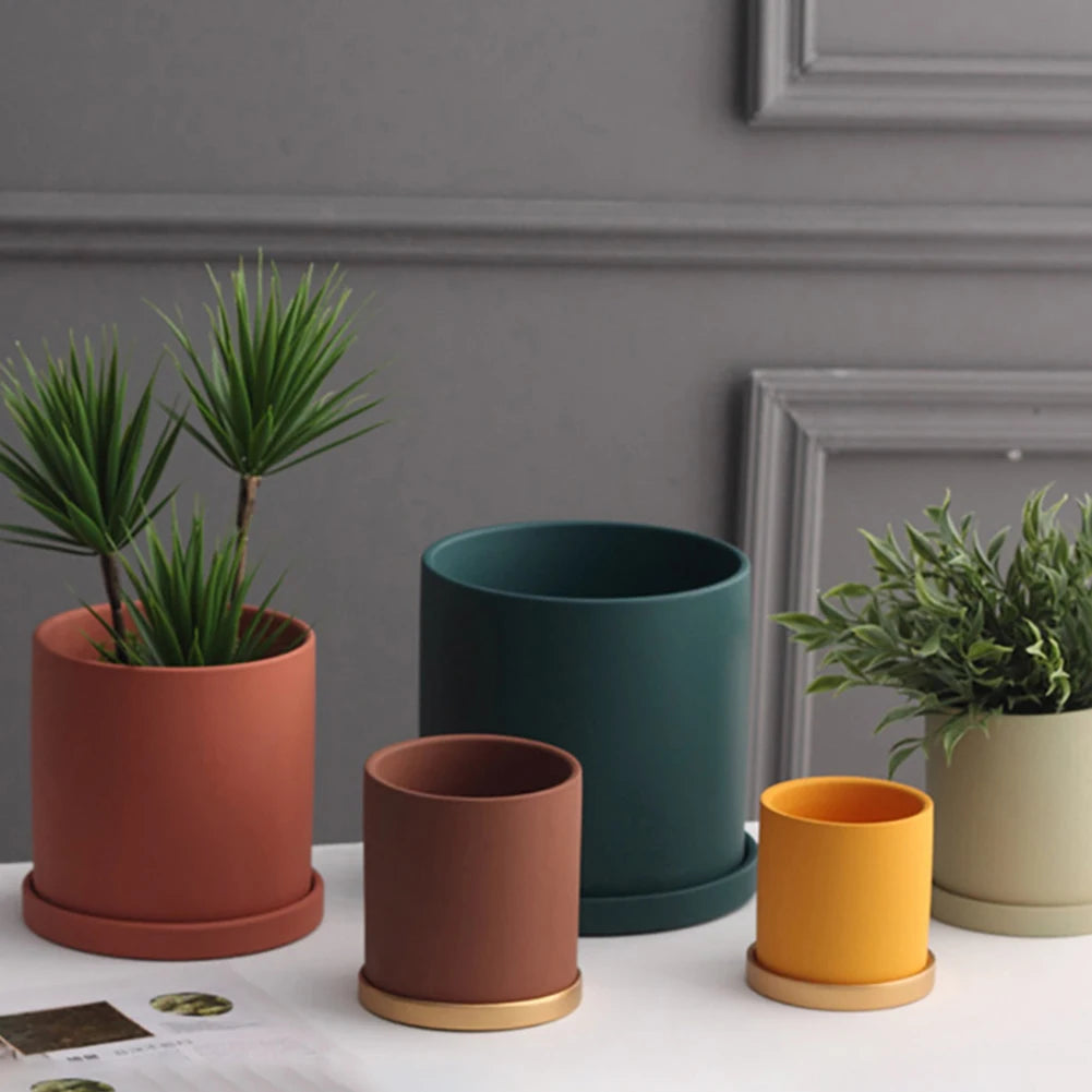 Nordic Ceramic Plant Pot with Tray Colorful Cylinder Succulent Pot Small Planter Flowerpot with Drain Hole Cactus Herb Container