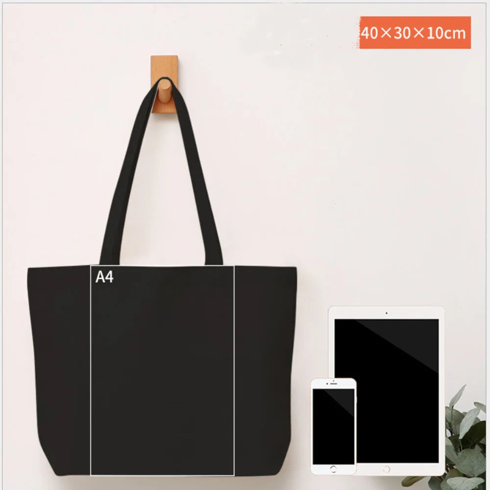 Foldable Canvas Cotton Grocery Handbag Portable Fabric Tote Bag Cloth Organizer Shopping Bag with Storage Features Black Color