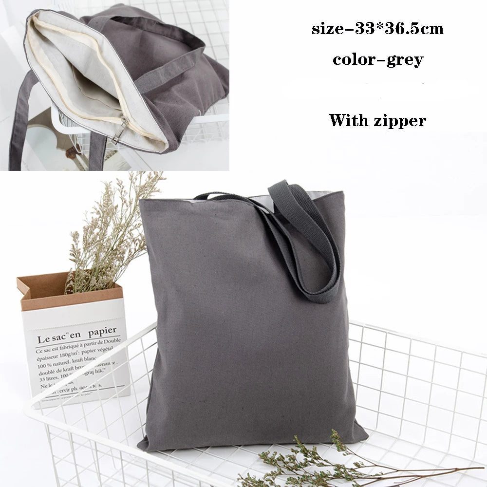 Foldable Canvas Cotton Grocery Handbag Portable Fabric Tote Bag Cloth Organizer Shopping Bag with Storage Features Black Color