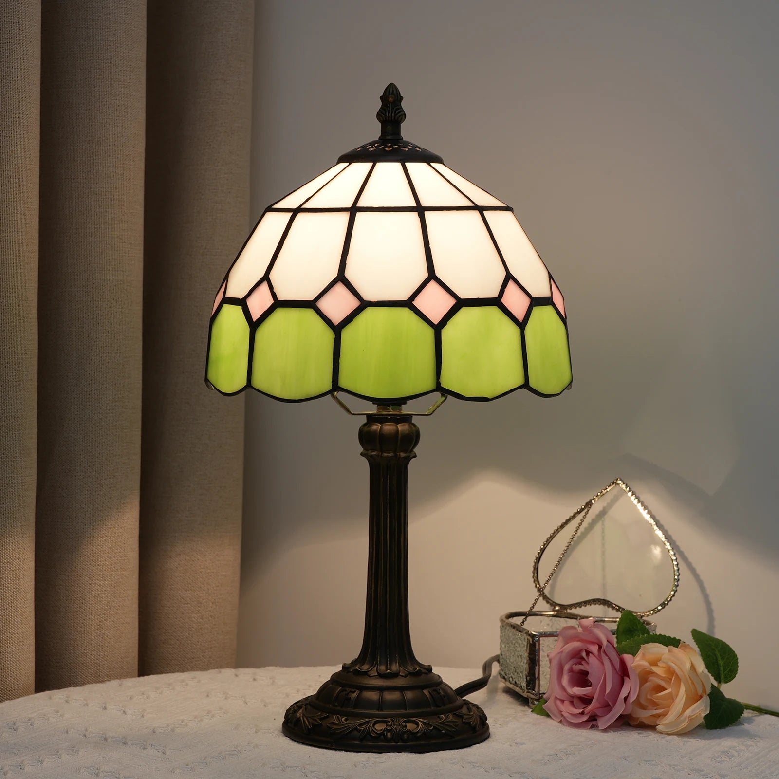 Modern Minimalist Table Lamp 8 Inch Mediterranean Series Stained Glass Lampshades Small Bedside Lamp Reading Antique Desk Light