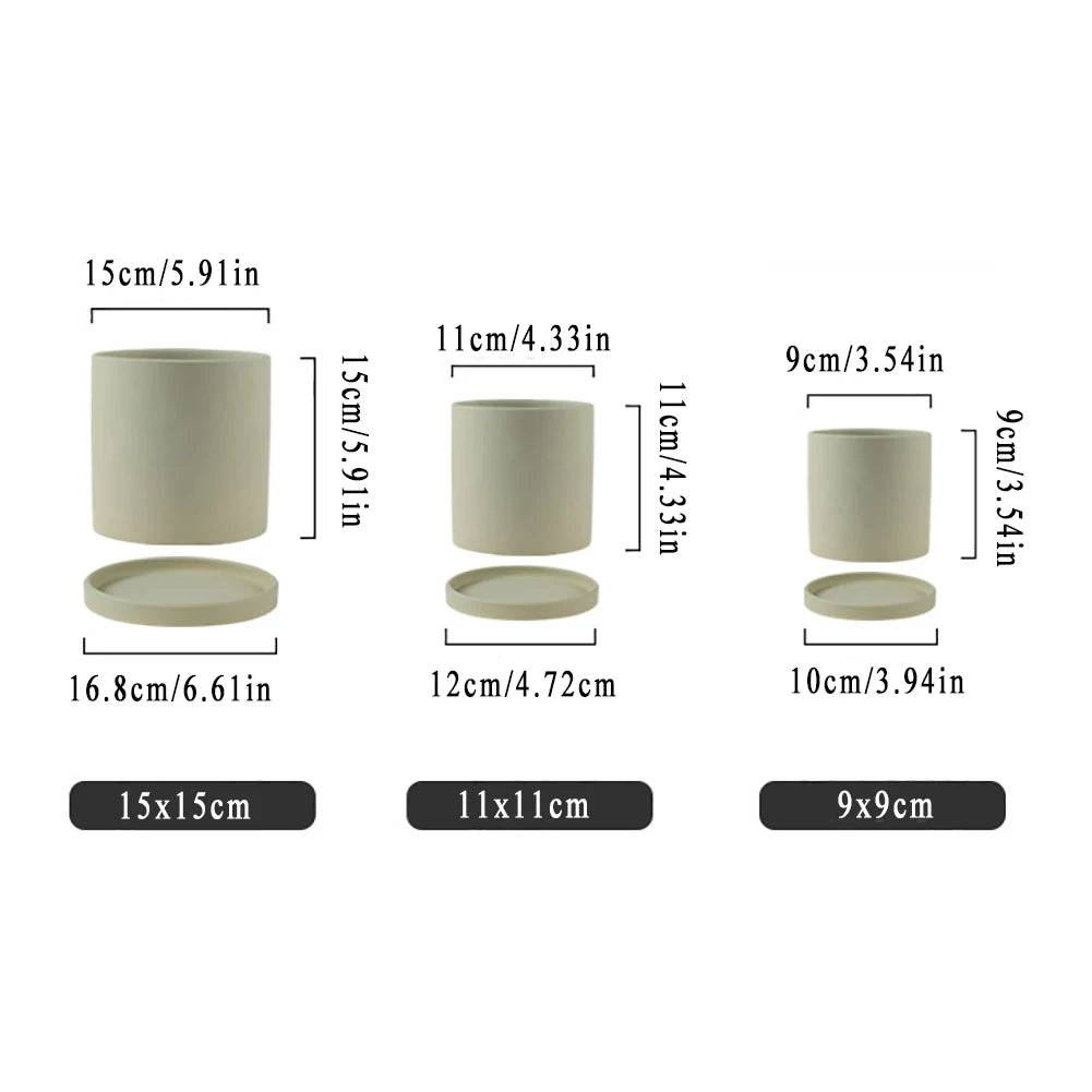 Nordic Ceramic Plant Pot with Tray Colorful Cylinder Succulent Pot Small Planter Flowerpot with Drain Hole Cactus Herb Container