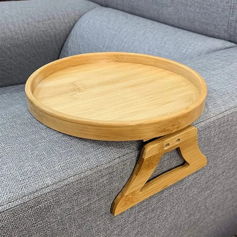 Wooden Sofa Armrest Tray Circular Clip on Breakfast Tray Home Use Foldable Sofa Side Table Snack Tray Integrated Storage Tray
