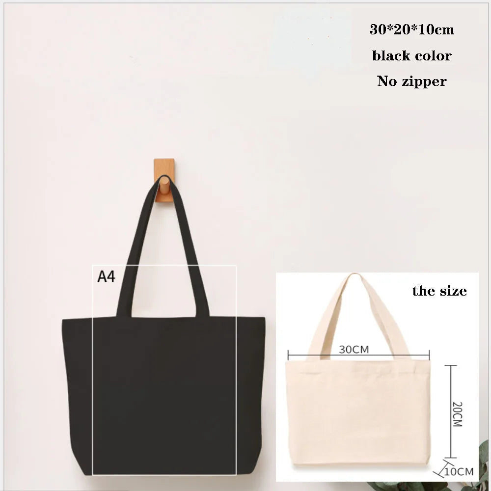 Foldable Canvas Cotton Grocery Handbag Portable Fabric Tote Bag Cloth Organizer Shopping Bag with Storage Features Black Color