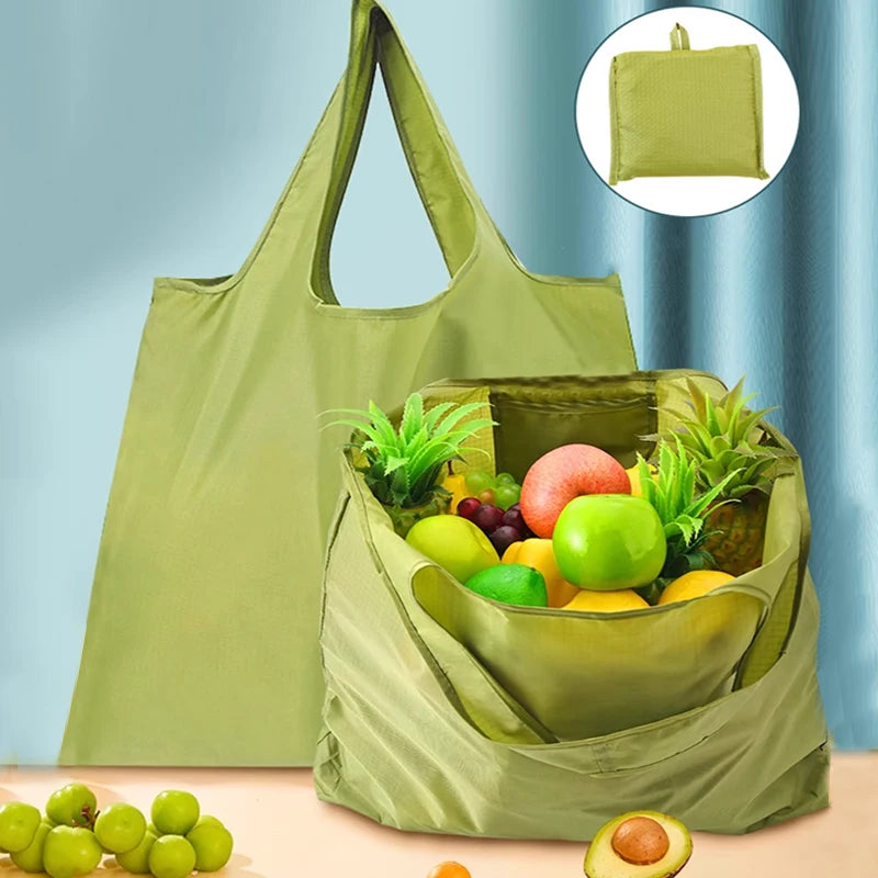 Foldable Shopping Bag Reusable Travel Grocery Bag Eco-Friendly One Shoulder Handbag for Travel Solid Color Supermarket Tote Bag