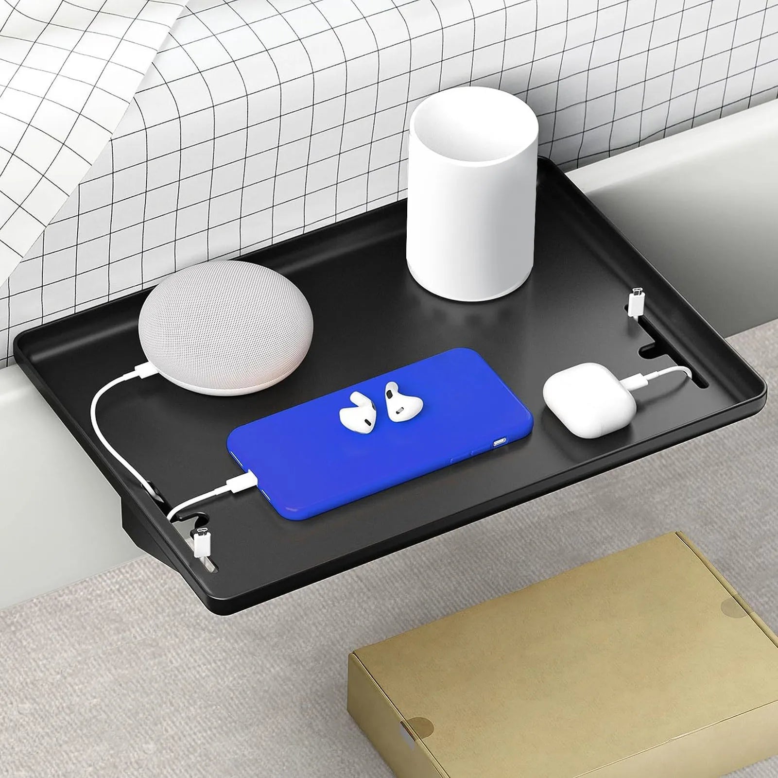 Bed Side Shelf Bedside Shelf Bed Table T Shaped Cable Hole Easy To Install Space Saving Nightstand Tray Multipurpose for Dorm