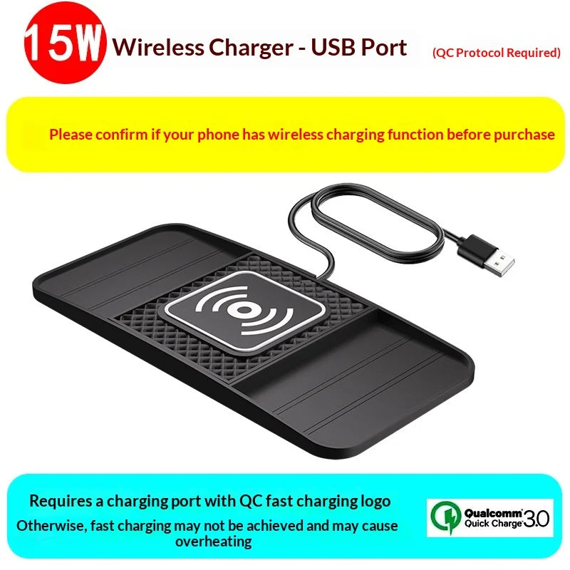 15W Fast Wireless Charging Pad , Non-Slip Rubber Mat for Car Storage, Lightweight USB-Powered Charger Compatible with Phone