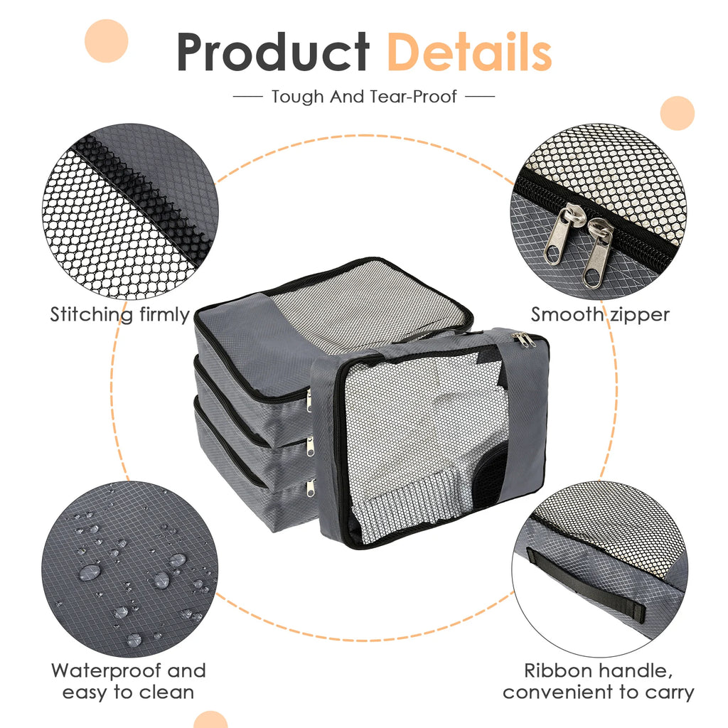 4 Pcs Travel Compressed Packing Cubes Storage Bag With Shoe Bag Mesh Waterproof Portable Suitcase Handbag Luggage Organizer