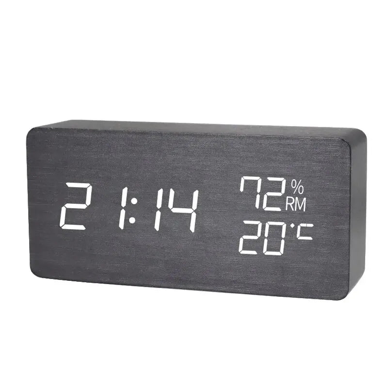 Digital LED Wooden Alarm Clock, Desk Clock, Voice Activated, Electronic Desktop Clock, Luminous Silent Alarm Clock