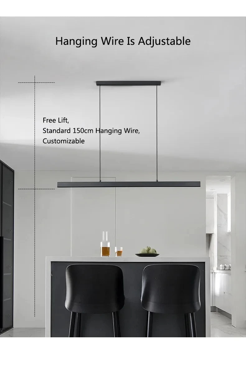 Nordic Minimalist Dining Table Pendant Lamp Modern Kitchen Bar Chandelier Black White Office Long Strip Hanging Light Fixture