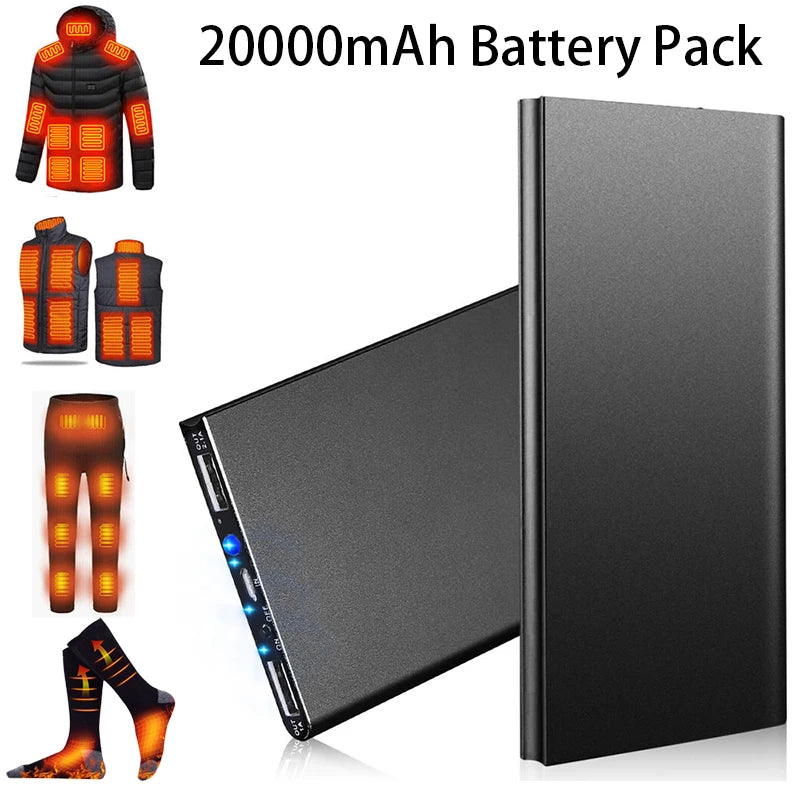 20000mAh 5V/2.1A Portable Power Bank Battery Pack for Heated Vest Jacket Pants Socks USB Power Bank for phone with Flashlight