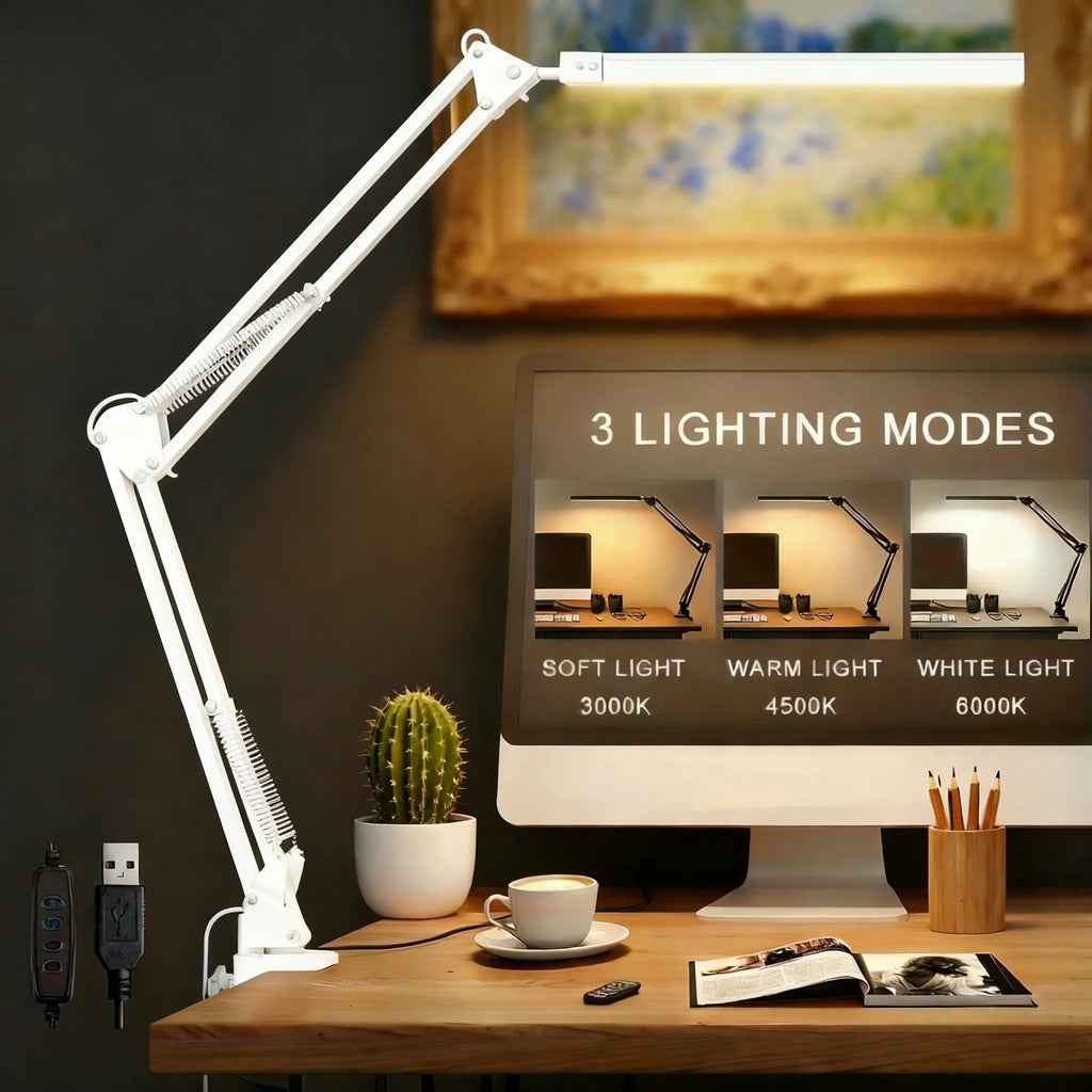 LED Desk Lamp 14W Eye-Caring Metal Swing Arm Desk Light with Clamp 3 Color Dimmable Table Light for Reading and Study Task Lamp