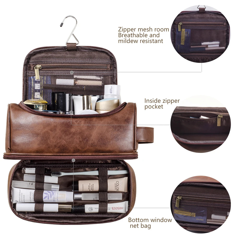 Toiletry Bag, Mens Leather Travel Organizer Kit with hanging hook, Large Water-resistant Toiletries Bathroom Shaving Bags
