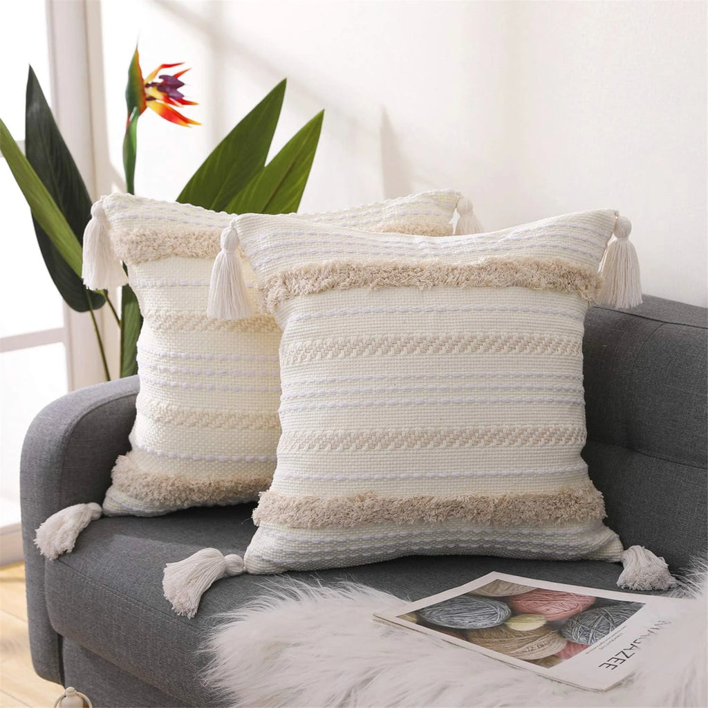 Battilo Boho Throw Pillow Cover Tufted Pillow Case with Tassels Neutral Woven Cushion Cover for Sofa Bed Living Room Home Decor
