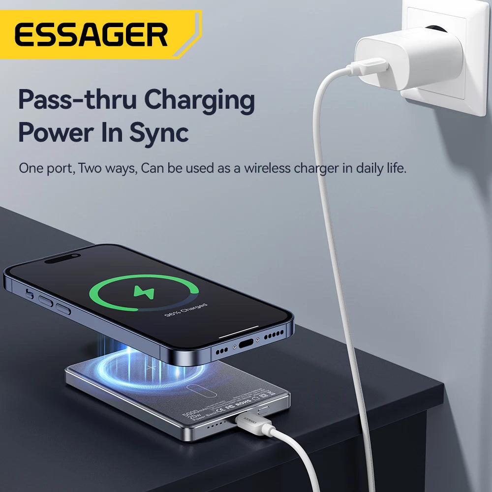 Essager Thin Wireless Power Bank Magnetic 20W 5000mAh Portable Fast Charging External Battery for Magsafe For iPhone 17 16 15 14