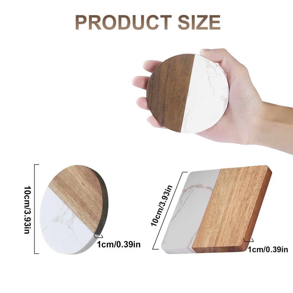 Stylish Wooden and Marble Coaster Set, Elegant Design for Coffee Tables, Durable, Perfect for Protecting Your Furniture
