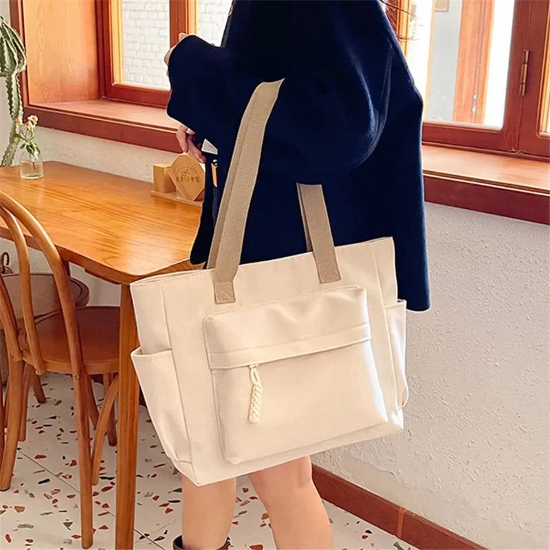 Nylon Tote Bag with Multiple Pocket Lightweight Foldable Design for Office Commute Shopping Fitness Storage Handbag Shoulder Bag