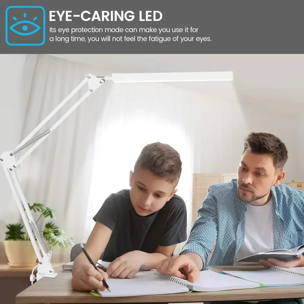 LED Desk Lamp 14W Eye-Caring Metal Swing Arm Desk Light with Clamp 3 Color Dimmable Table Light for Reading and Study Task Lamp