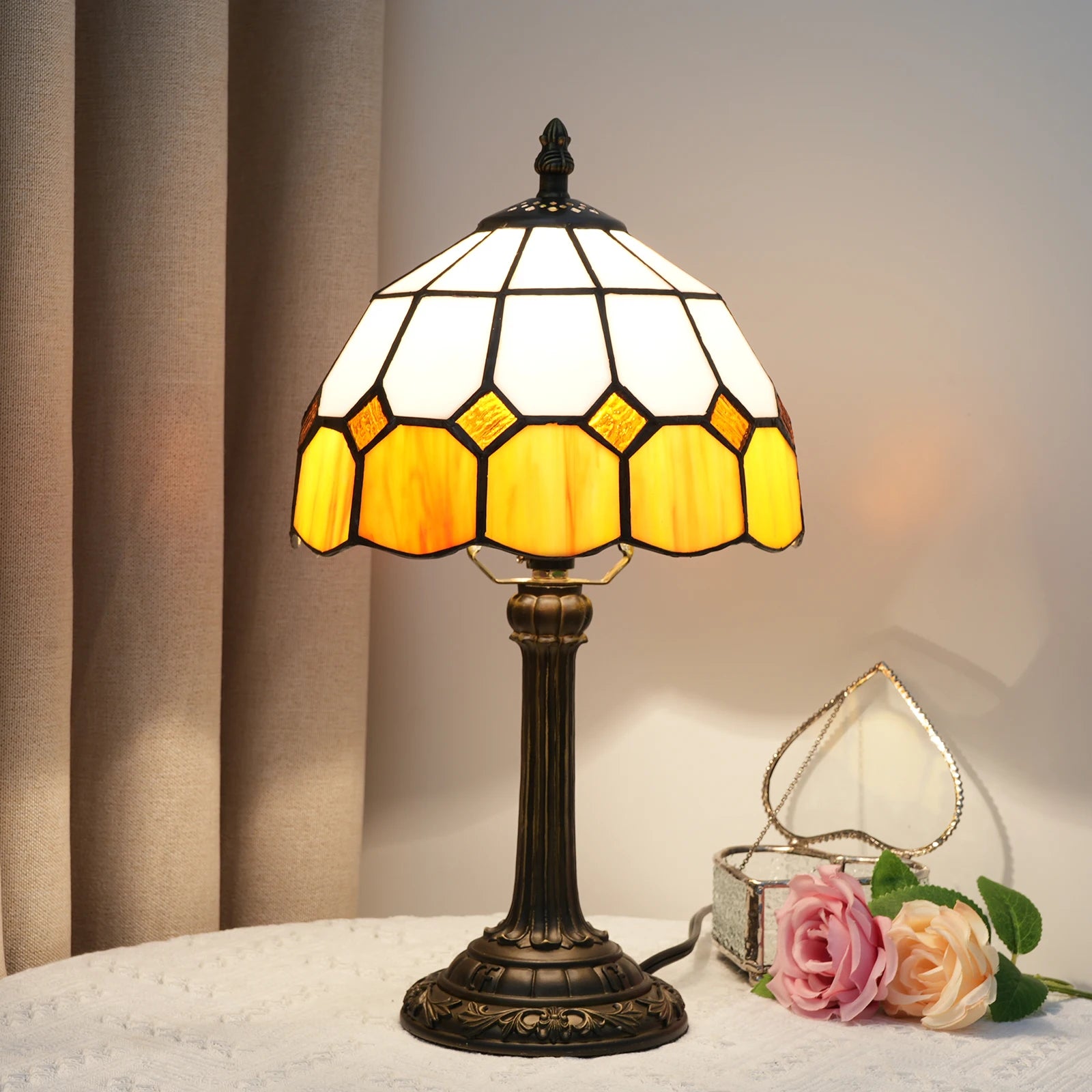 Modern Minimalist Table Lamp 8 Inch Mediterranean Series Stained Glass Lampshades Small Bedside Lamp Reading Antique Desk Light