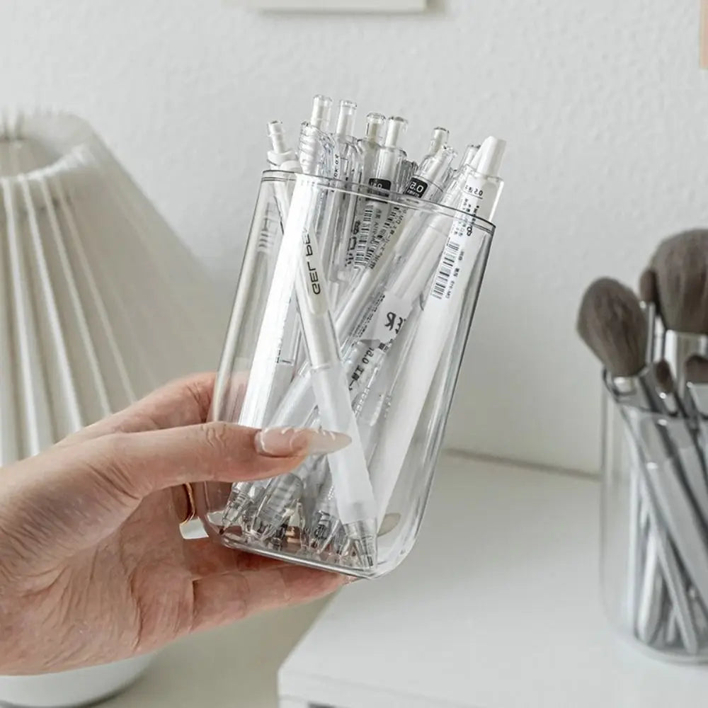 Minimalist Plastic Pen Holder Transparent Oval Pen Container Stationery Storage Bucket Makeup Brush Holder Desktop Organizer