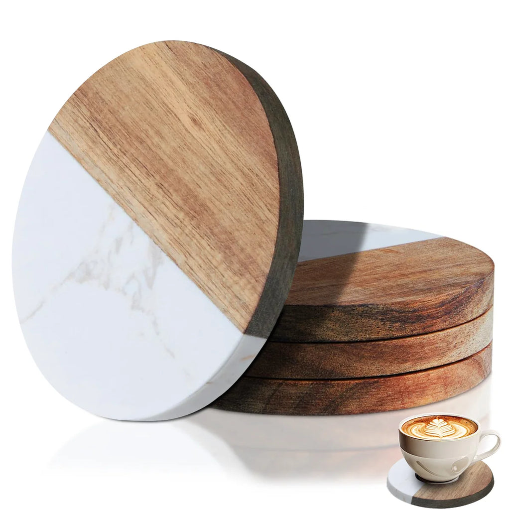 Stylish Wooden and Marble Coaster Set, Elegant Design for Coffee Tables, Durable, Perfect for Protecting Your Furniture