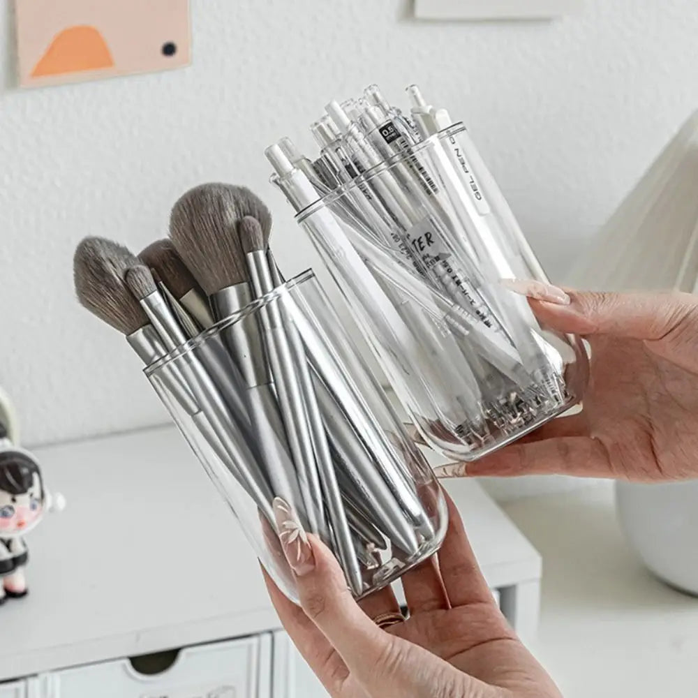 Minimalist Plastic Pen Holder Transparent Oval Pen Container Stationery Storage Bucket Makeup Brush Holder Desktop Organizer