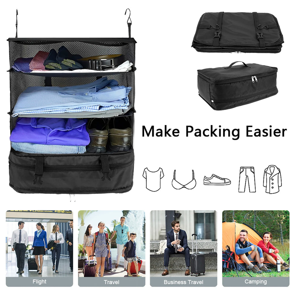 Travel Luggage Organizer Portable Travel Shelves Bag 3-Shelf Suitcase Packing Cube Collapsible Hanging Closet Storage Bag Space