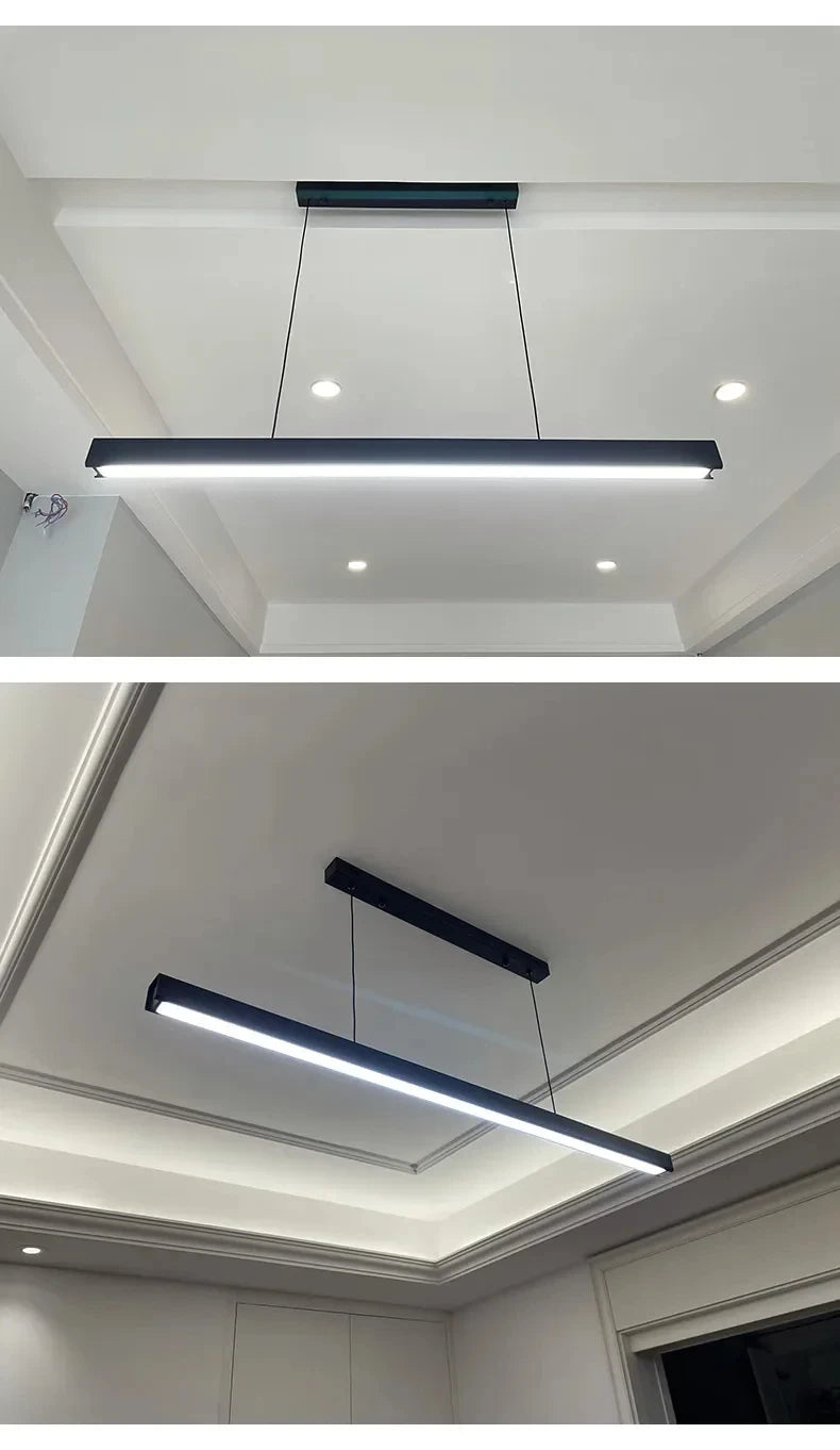 Nordic Minimalist Dining Table Pendant Lamp Modern Kitchen Bar Chandelier Black White Office Long Strip Hanging Light Fixture