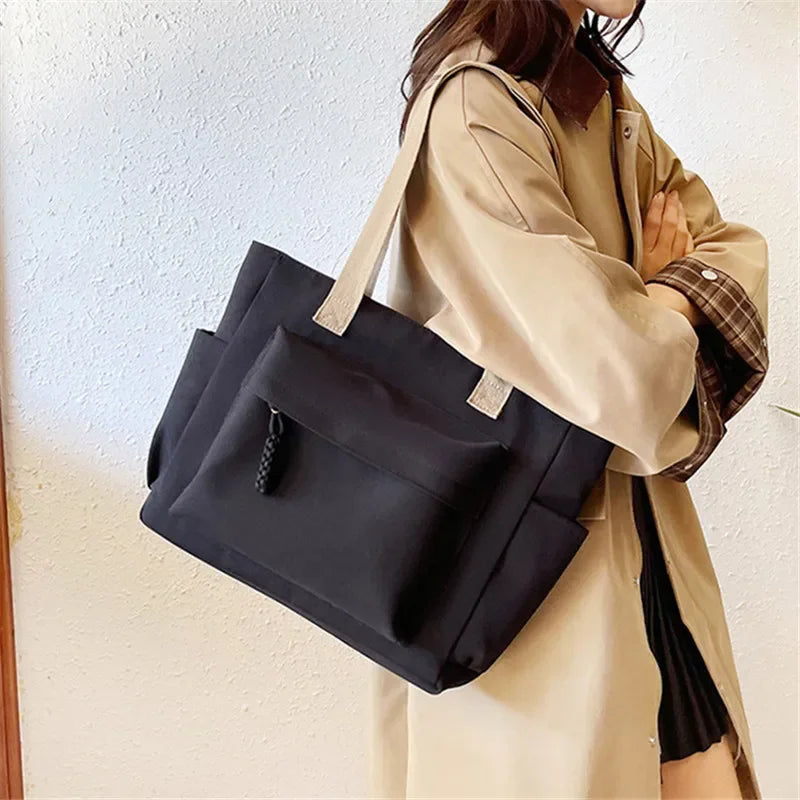 Nylon Tote Bag with Multiple Pocket Lightweight Foldable Design for Office Commute Shopping Fitness Storage Handbag Shoulder Bag