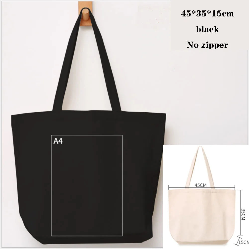 Foldable Canvas Cotton Grocery Handbag Portable Fabric Tote Bag Cloth Organizer Shopping Bag with Storage Features Black Color