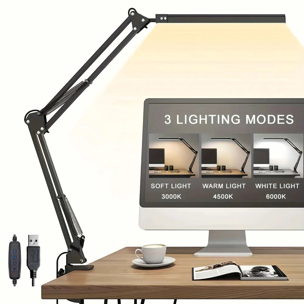 LED Desk Lamp for Home,Reading,Adjustable Eye-Caring Desk Light with Clamp, 3 Color Modes,10 Brightness Table Lamps
